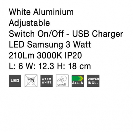 Aplica perete LED ajustabila neagra/alba Trevi, din metal, cu port USB, 9170101 - Novaluce [7]