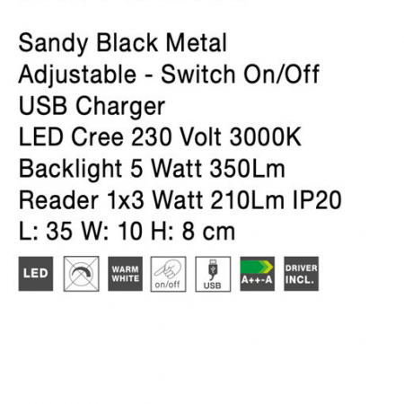 Aplica perete LED liniara neagra/alba Norbi, cu cititor stanga/dreapta ajustabil, din metal, cu port USB, 9533521 - Novaluce [7]