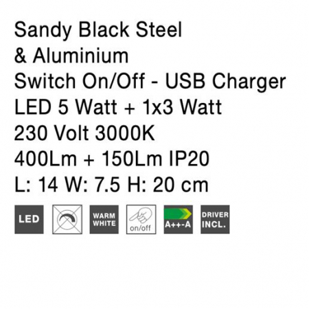 Aplica perete LED neagra/alba Lazar, cu cititor ajustabil, din metal, cu port USB, 9018501 - Novaluce [13]