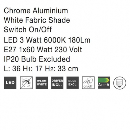 Aplica perete premium alba Zelina, baza din metal crom, abajur textil, brat ajustabil cu LED, 6102682 - Novaluce [3]