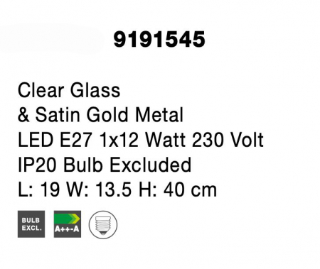 Aplica perete retro sticla transparenta cu model Sekar 19x40 cm, metal auriu satinat, 9191545 - Novaluce [2]