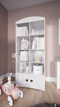 Biblioteca alba copii Julia 90x180,5 cm, cu 8 rafturi si spatiu inchis, decupaj inimioare [3]