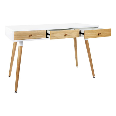 Birou alb Gates 120x55 cm cu 3 sertare lemn masiv stejar, MDF alb mat, LL-009 - King [2]
