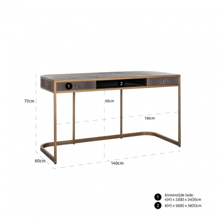 Birou gri piele vegana (PU) Juho 140x60 cm cu sertare, picioare aurii, 7535 - Richmond Interiors [4]