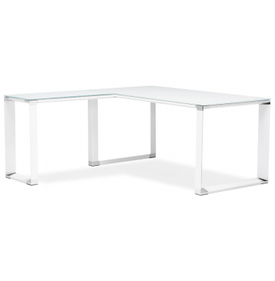 Birou managerial alb in forma de L Warner III 170 cm, sticla securizata alba, picioare albe otel, OT00210WH - Kokoon [4]