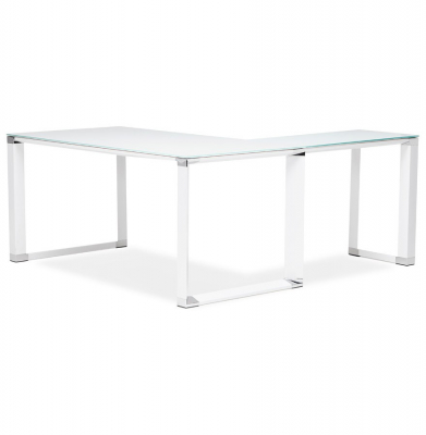 Birou managerial alb in forma de L Warner III 170 cm, sticla securizata alba, picioare albe otel, OT00210WH - Kokoon [10]
