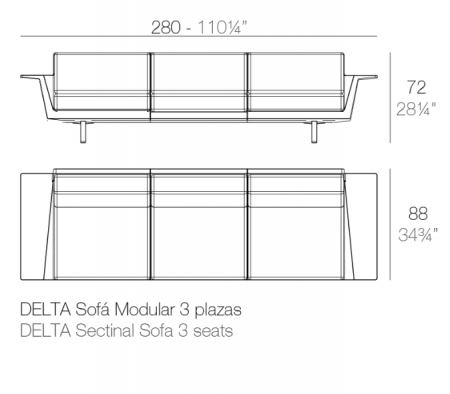 Canapea exterior premium Delta, 3 locuri 280x88x72 cm, rasina de polietilena, structura aluminiu, 76010 - Vondom [1]