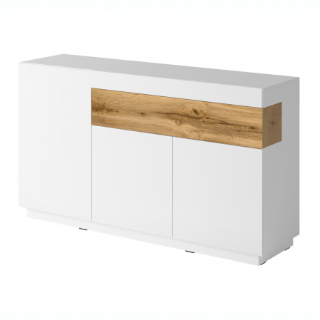 Comode inalte - Comoda living alb lucios Arya 150x85 cm, alb/stejar wota, 3 usi + sertar