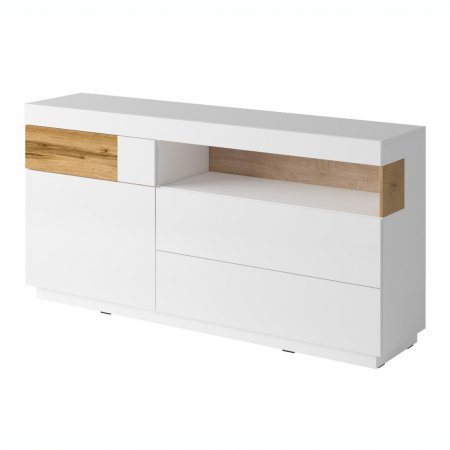 Comode inalte - Comoda living alb lucios Arya 170x85 cm, alb/stejar wota, iluminare LED, 3 sertare