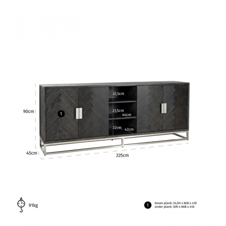 Comoda lux neagra 4 usi Geral, 225 cm, din stejar cu baza si manere otel inoxidabil auriu/argintiu/alama, 7376 - Richmond Interiors [17]
