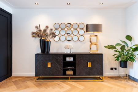 Comoda lux neagra 4 usi Geral, 225 cm, din stejar cu baza si manere otel inoxidabil auriu/argintiu/alama, 7376 - Richmond Interiors [18]