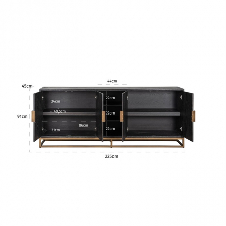 Comoda lux neagra 4 usi Geral, 225 cm, din stejar cu baza si manere otel inoxidabil auriu/argintiu/alama, 7376 - Richmond Interiors [12]