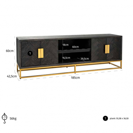 Comoda TV lux neagra cu 4 usi Geral, 185/200/220 cm, din stejar cu baza si manere otel inoxidabil auriu/argintiu/alama, 7374 - Richmond Interiors [17]