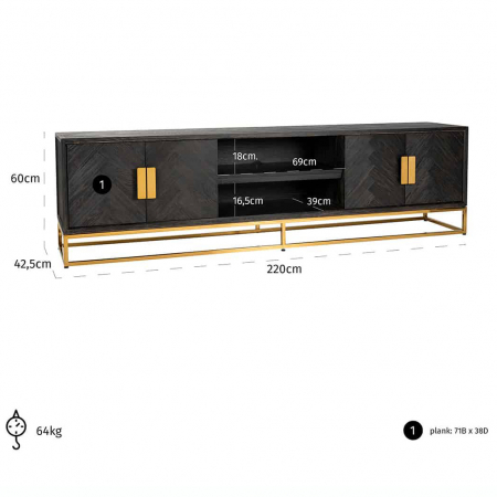 Comoda TV lux neagra cu 4 usi Geral, 185/200/220 cm, din stejar cu baza si manere otel inoxidabil auriu/argintiu/alama, 7374 - Richmond Interiors [22]
