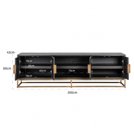 Comoda TV lux neagra cu 4 usi Geral, 185/200/220 cm, din stejar cu baza si manere otel inoxidabil auriu/argintiu/alama, 7374 - Richmond Interiors [3]