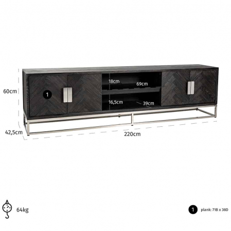 Comoda TV lux neagra cu 4 usi Geral, 185/200/220 cm, din stejar cu baza si manere otel inoxidabil auriu/argintiu/alama, 7374 - Richmond Interiors [27]