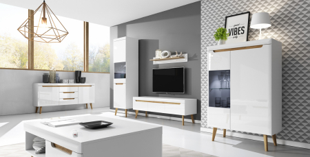Comoda Tv Norton 110 cm cu sertare, MDF alb lucios/stejar, design scandinav [1]