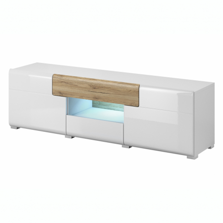 Comode TV - Comoda Tv Vinson cu sertare si usi, MDF alb lucios/stejar, 160 cm, iluminare LED