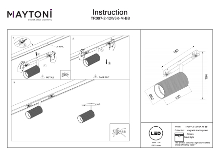 Corp de iluminat pe șină Artizan, Aluminiu Negru, 12W, MAYTONI TR097-2-12W3K-M-BB [3]