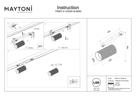 Corp de iluminat pe șină Artizan, Aluminiu Negru, 12W, MAYTONI TR097-2-12W3K-M-BMG [3]