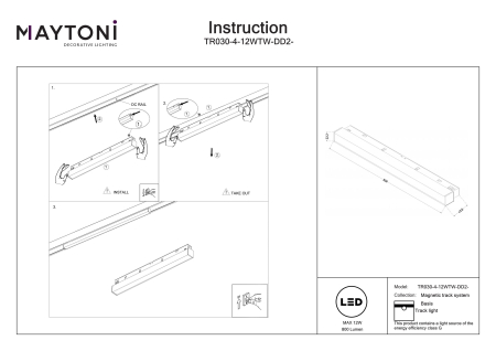 Corp de iluminat pe șină BASIS, Aluminiu Alb, 12W, MAYTONI TR030-4-12WTW-DD2-W [3]