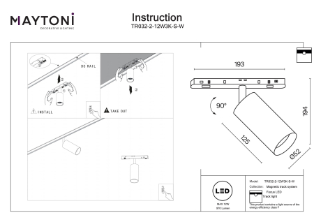 Corp de iluminat pe șină Focus LED, Aluminiu Alb, 12W, MAYTONI TR032-2-12W3K-S-W [2]