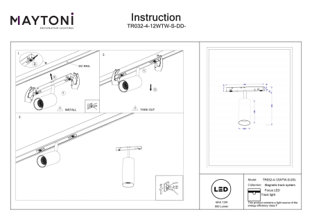 Corp de iluminat pe șină Focus LED, Aluminiu Alb, 12W, MAYTONI TR032-4-12WTW-S-DD-W [2]
