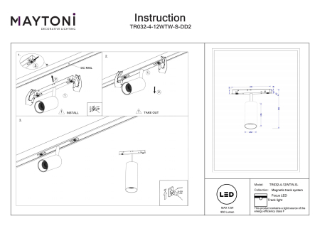 Corp de iluminat pe șină Focus LED, Aluminiu Alb, 12W, MAYTONI TR032-4-12WTW-S-DD2-W [2]