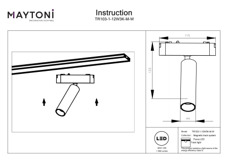 Corp de iluminat pe șină Focus LED, Aluminiu Alb, 12W, MAYTONI TR103-1-12W3K-M-W [4]