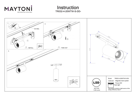 Corp de iluminat pe șină Focus LED, Aluminiu Alb, 20W, MAYTONI TR032-4-20WTW-S-DD-W [2]