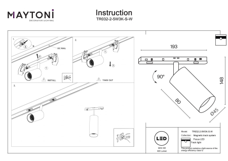 Corp de iluminat pe șină Focus LED, Aluminiu Alb, 5W, MAYTONI TR032-2-5W3K-S-W [2]