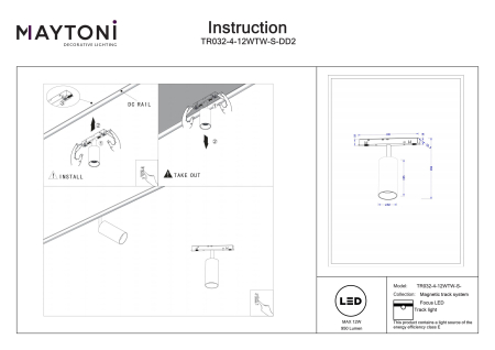 Corp de iluminat pe șină Focus LED, Aluminiu Negru, 12W, MAYTONI TR032-4-12WTW-S-DD2-B [2]