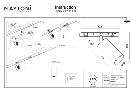 Corp de iluminat pe șină Focus LED, Aluminiu Negru, 5W, MAYTONI TR032-2-5W4K-S-B [2]