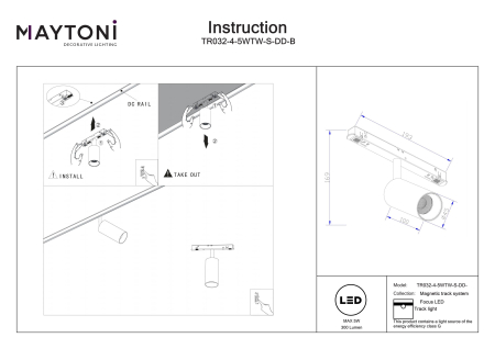 Corp de iluminat pe șină Focus LED, Aluminiu Negru, 5W, MAYTONI TR032-4-5WTW-S-DD-B [2]