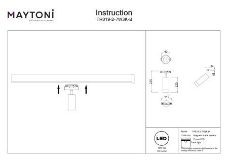 Corp de iluminat pe șină Focus LED, Aluminiu Negru, 7W, MAYTONI TR019-2-7W3K-B [3]