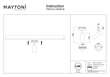 Corp de iluminat pe șină Focus LED, Aluminiu Negru, 9W, MAYTONI TR019-2-10W3K-B [3]