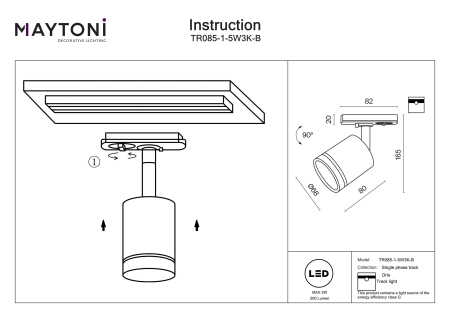 Corp de iluminat pe șină ORLO, Metal, aluminiu, plastic Negru, 5W, MAYTONI TR085-1-5W3K-B [3]