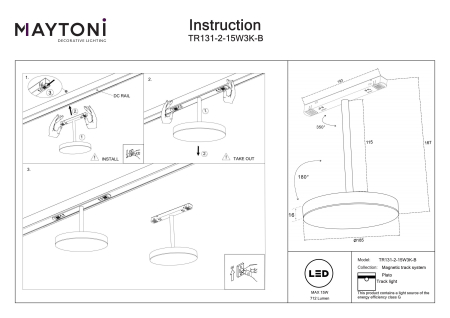 Corp de iluminat pe șină Plato, Aluminiu Negru, 15W, MAYTONI TR131-2-15W3K-B [4]