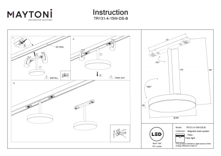Corp de iluminat pe șină Plato, Aluminiu Negru, 15W, MAYTONI TR131-4-15W-DS-B [4]
