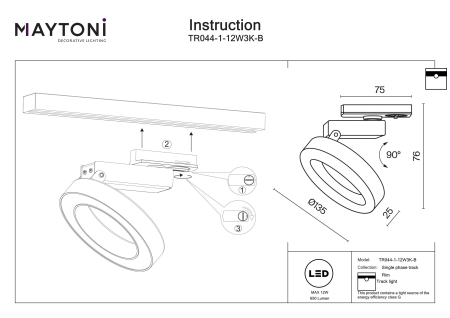 Corp de iluminat pe șină Rim, Metal, aluminiu, plastic Negru, 12W, MAYTONI TR044-1-12W3K-B [3]