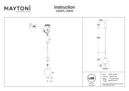 Corp de iluminat suspendat Al Șaselea Simț, Metal Negru, 7W, MAYTONI Z020PL-L6B3K [6]