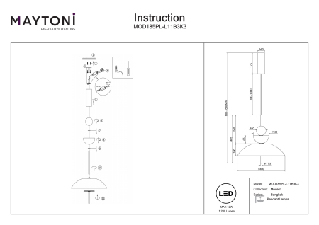 Corp de iluminat suspendat Bangkok, Metal Negru, 12W, MAYTONI MOD185PL-L11B3K3 [2]