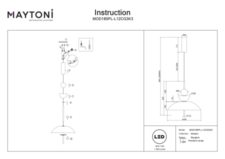 Corp de iluminat suspendat Bangkok, Metal Negru, 12W, MAYTONI MOD185PL-L12CG3K3 [2]