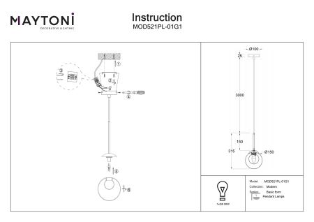 Corp de iluminat suspendat BASIC FORM, Metal Auriu, 20W, MAYTONI MOD521PL-01G1 [2]