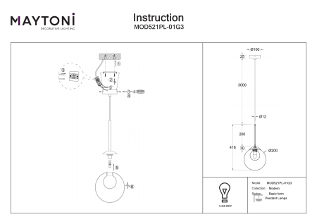 Corp de iluminat suspendat BASIC FORM, Metal Auriu, 20W, MAYTONI MOD521PL-01G3 [2]