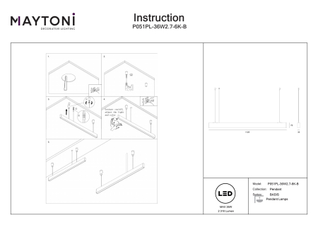 Corp de iluminat suspendat BASIS, Aluminiu Negru, 36W, MAYTONI P051PL-36W2.7-6K-B [3]