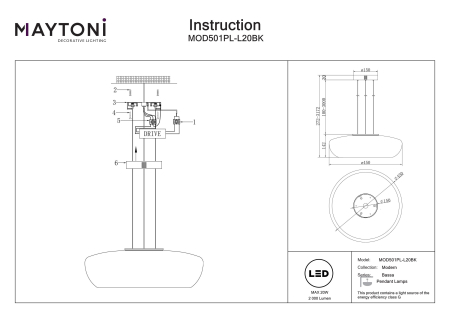 Corp de iluminat suspendat Bassa Negru Metal 20W MAYTONI MOD501PL-L20BK [2]