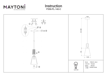 Corp de iluminat suspendat Bicones, Metal Gri, 60W, MAYTONI P359-PL-140-C [1]
