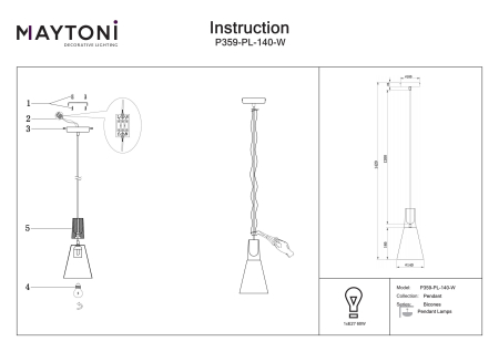 Corp de iluminat suspendat Bicones, Metal Gri, 60W, Maytoni P359-PL-140-W [1]