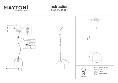 Corp de iluminat suspendat Broni, Metal Negru, 60W, Maytoni T434-PL-01-GR T451-PL-01-GR [1]